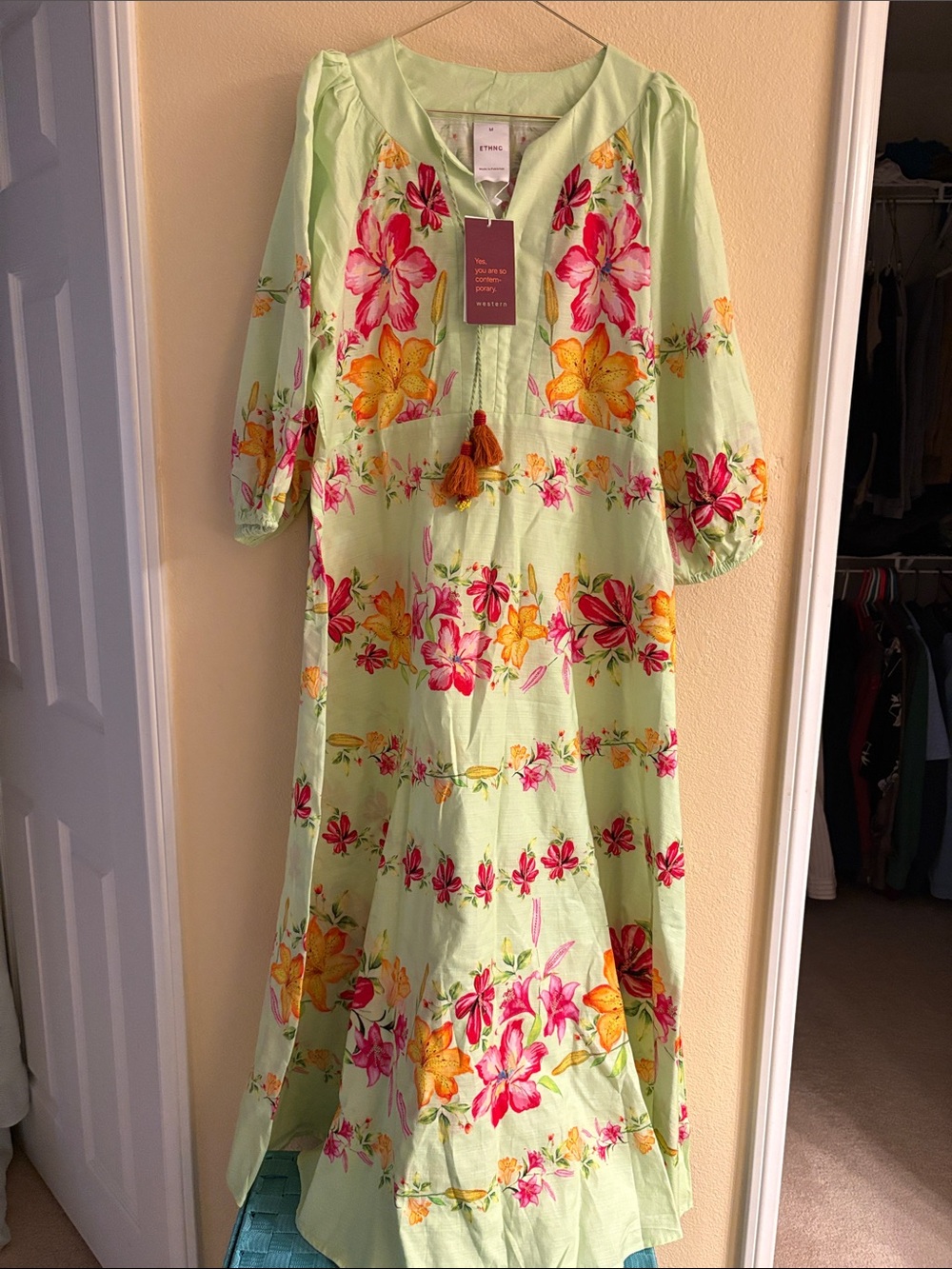 ETHNC Floral Dress - Light Green with Pink & Yellow Blooms
